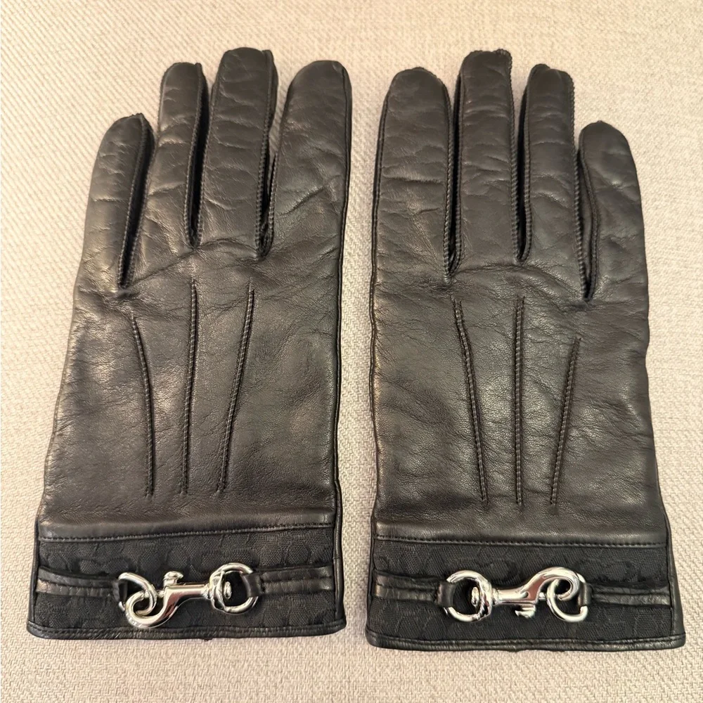 Coach Leather Gloves with Signature Cuff and Cashmere Lining - Black - Size 8